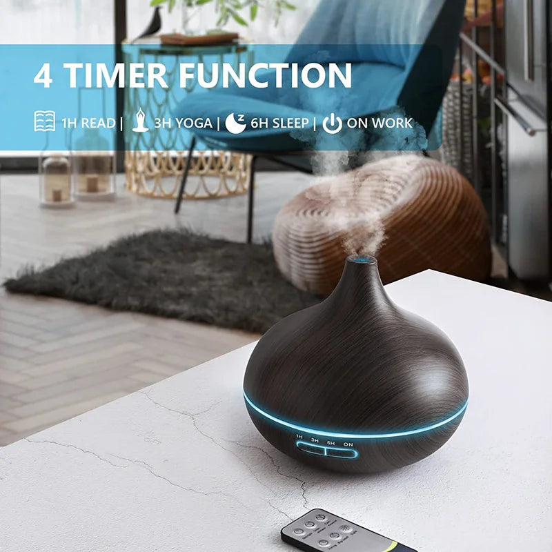 550ml USB Aroma Diffuser – Wood Grain Essential Oil Humidifier with LED & Remote